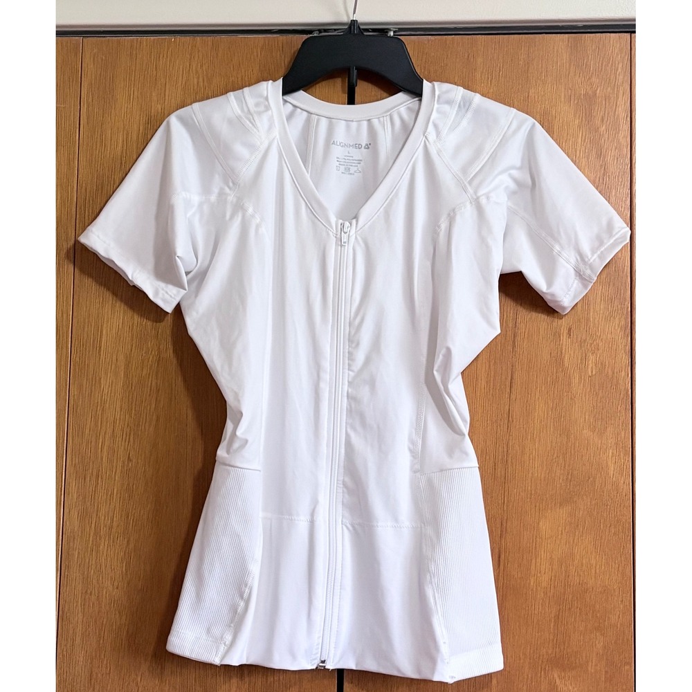 Alignmed Womens Posture Compression Shirt Zip&Hook White Short Sleeve SzL USA
